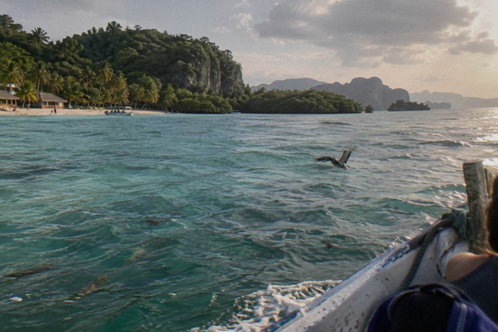 Turquoise bay water with mangrove islands and limestone cliffs in the distance