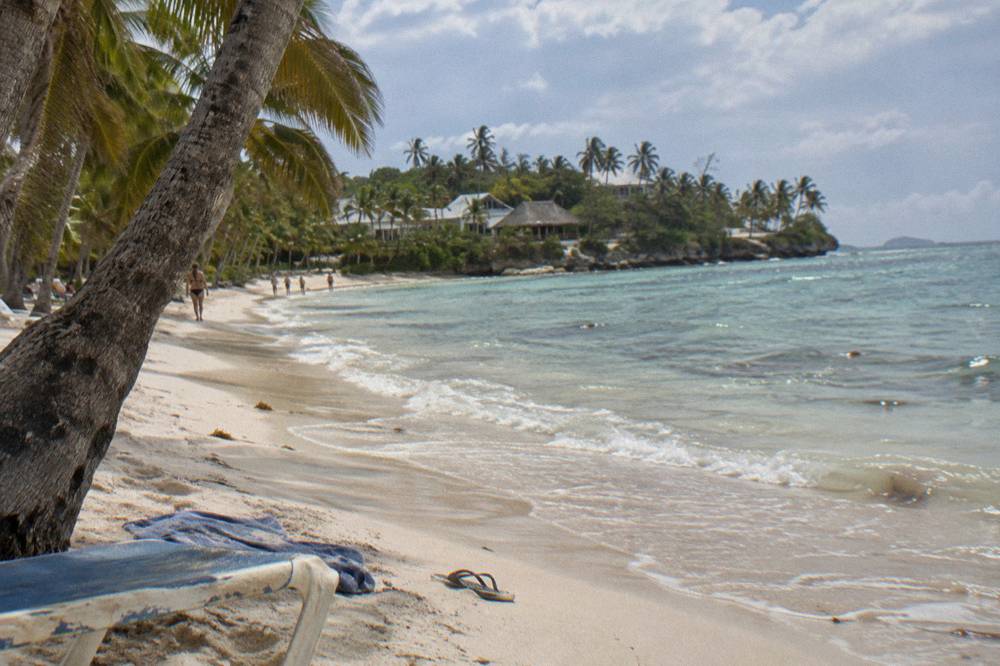 White sand beach lined with palm trees and calm shallow turquoise water