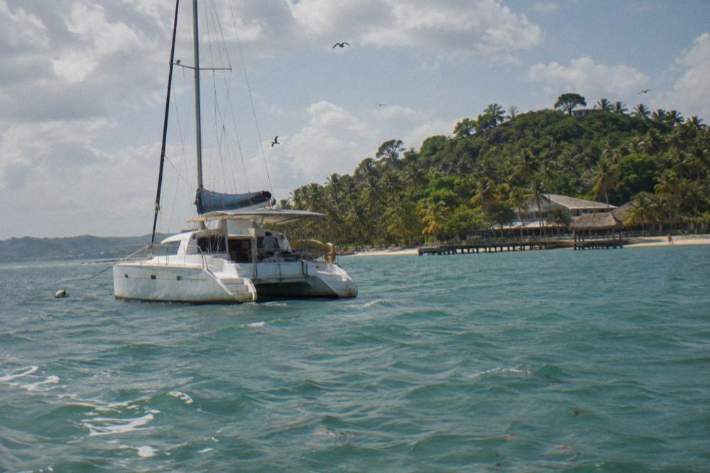 Catamaran moored offshore of a small palm-covered island in a calm bay