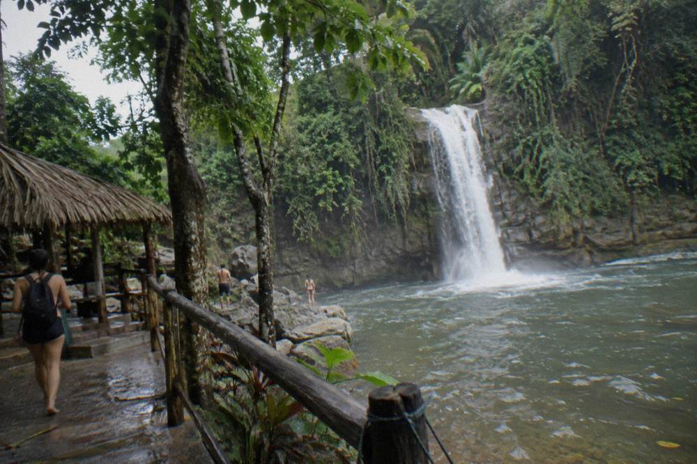 A tall jungle waterfall pouring into a rocky pool surrounded by dense green forest