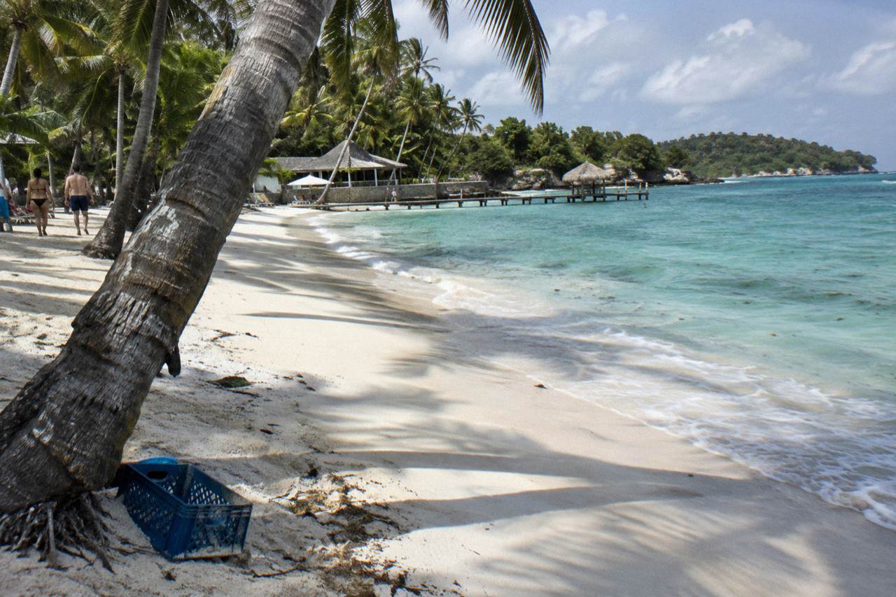 Palm trees leaning over the white sand beach and turquoise water of Cayo Levantado