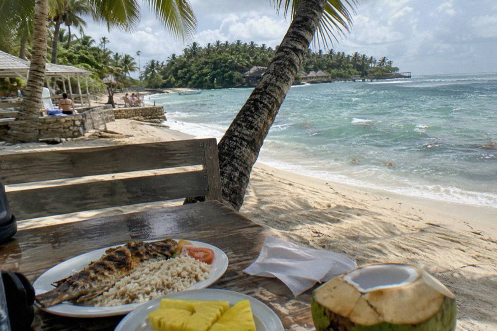 A buffet lunch of rice, fish and tropical fruit set out on a beachside table under palm trees
