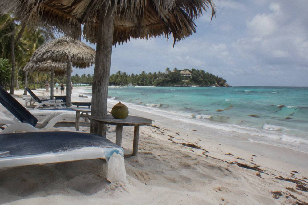 Empty row of thatched beach umbrellas on white sand beside calm turquoise sea in morning light