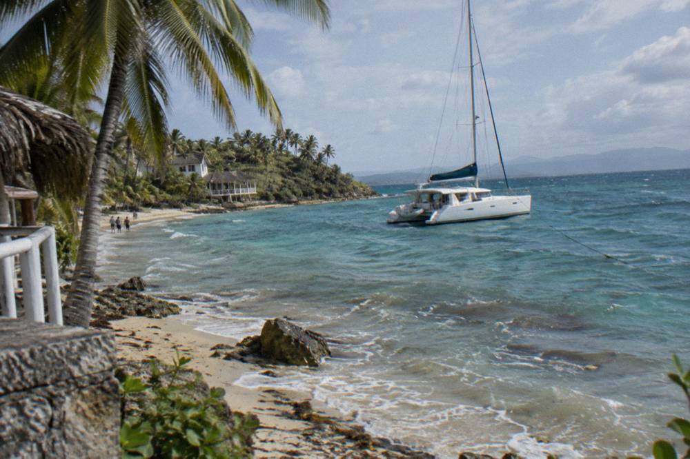 Catamaran anchored near a palm-lined island beach in a calm bay