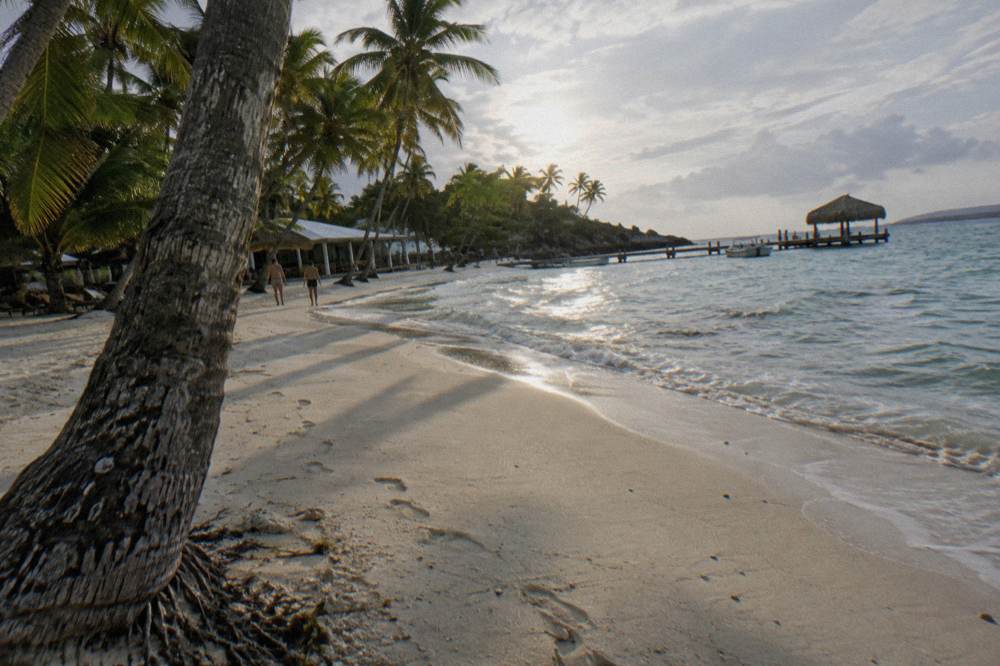 Empty white sand beach with palms and clear shallow water in early morning light
