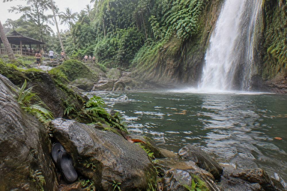 A waterfall pouring into a forest pool surrounded by rocks and greenery