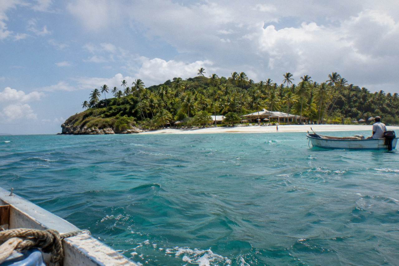 Turquoise water and palm trees along the shoreline of a small island in Samana Bay