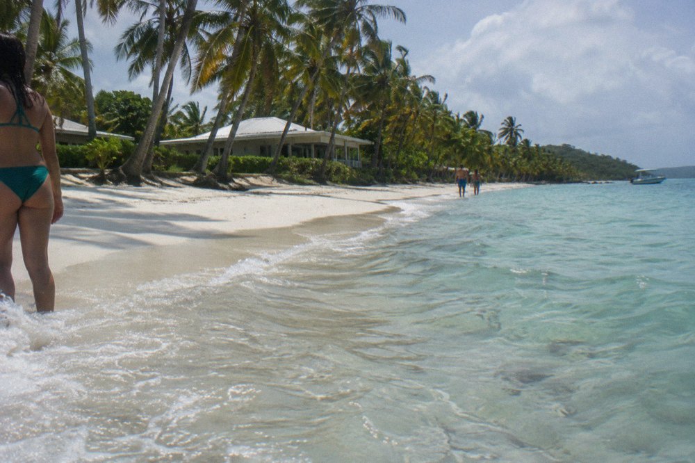 Turquoise shallow water lapping a narrow white sand beach lined with coconut palms