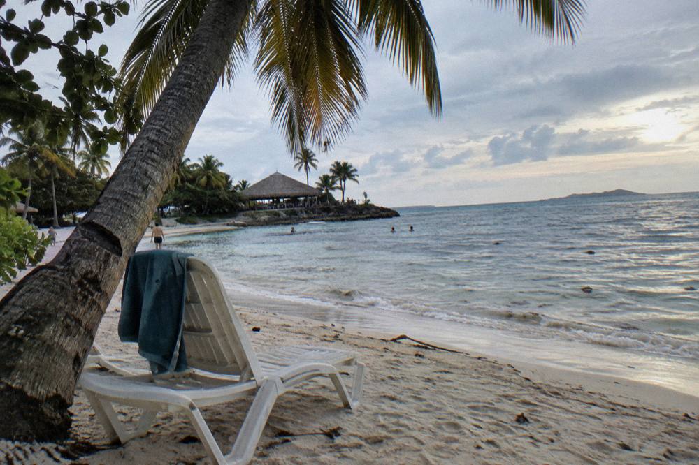 Empty beach chair under a palm tree on white sand beside calm shallow water
