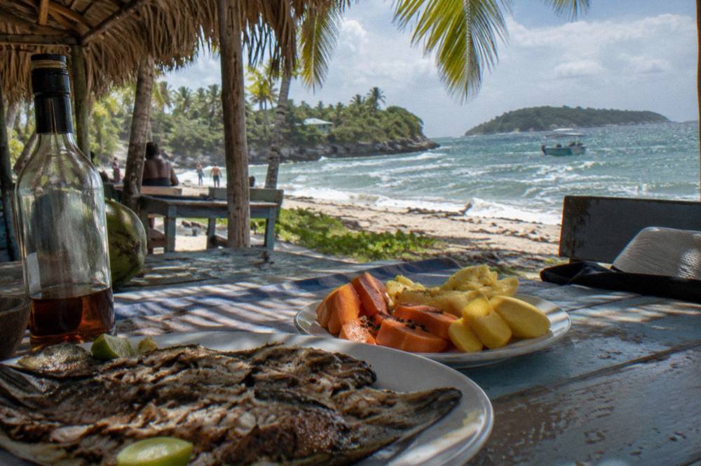 Buffet lunch table with fresh fish and tropical fruit under palm shade on an island beach