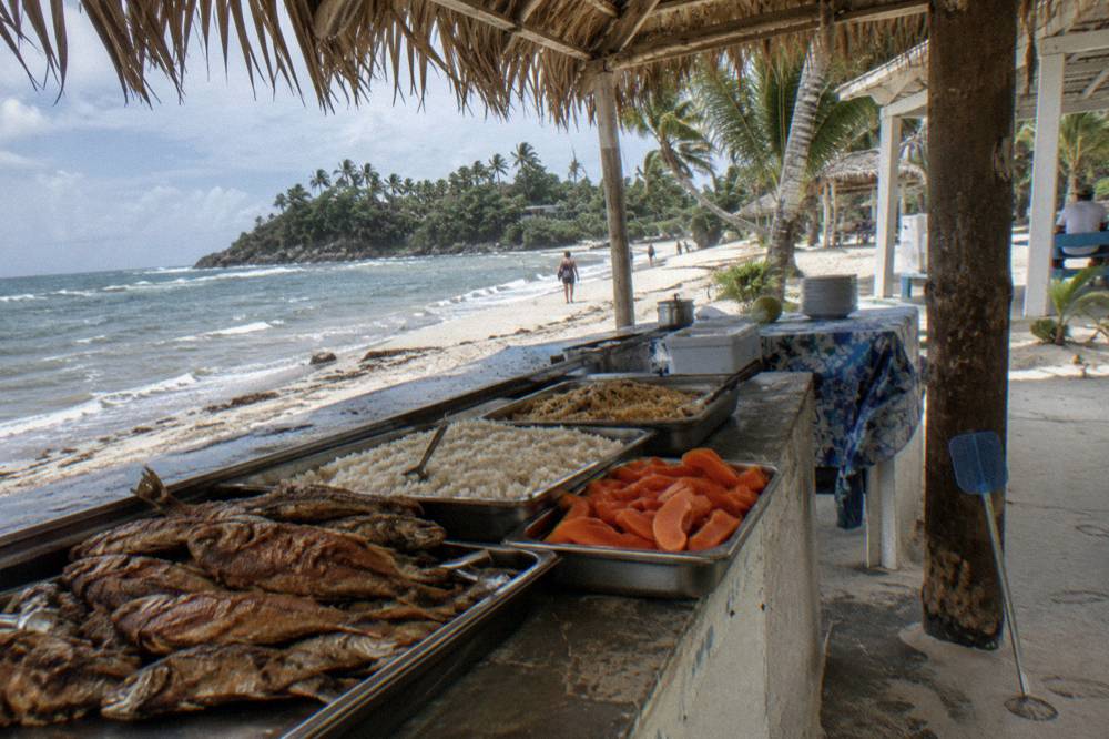 A beach buffet table with grilled fish, tropical fruit and rice under a palm thatch shelter