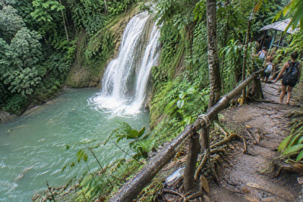 Wide cascade of water falling into a natural pool surrounded by green jungle