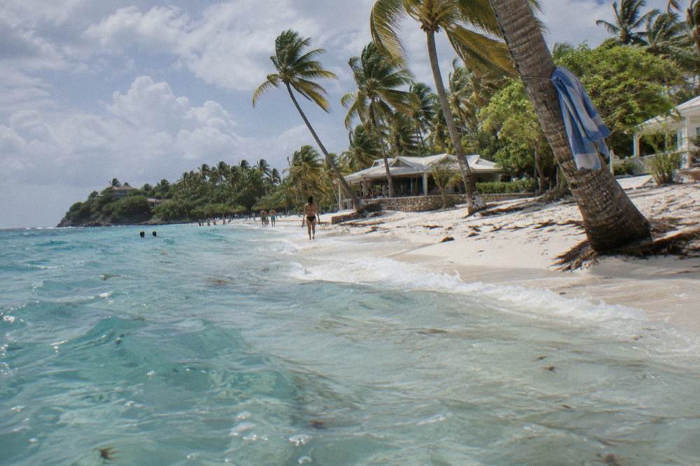 White sand beach and turquoise water of Cayo Levantado with palm trees