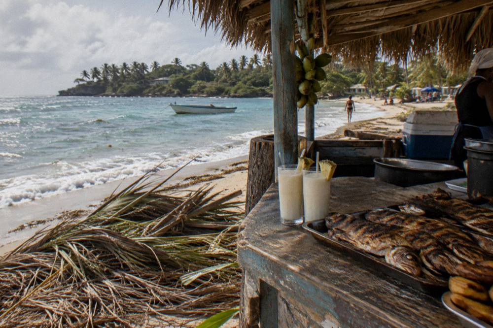 Grilled fish and tropical drinks served at a wooden beach stall under palms