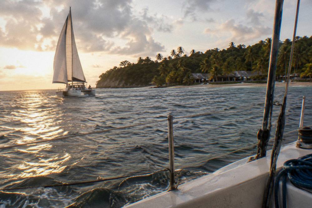Catamaran under sail on calm bay water toward a green island shoreline