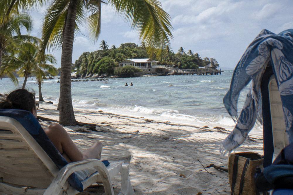 Travelers relaxing under palm shade on a white sand beach