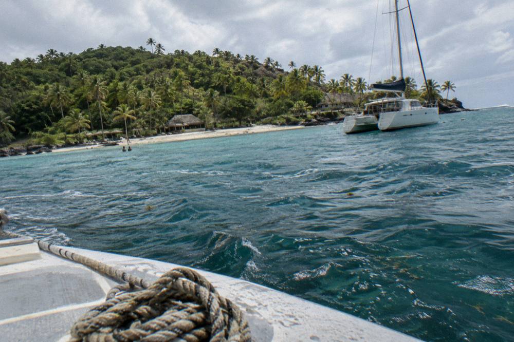 Catamaran anchored near a small palm covered island in Samana Bay