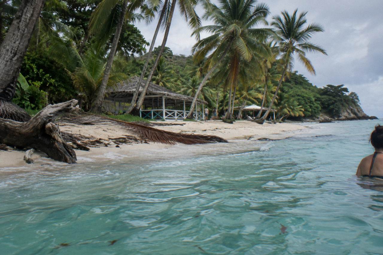 Turquoise water and palm trees on a small island beach in Samana Bay